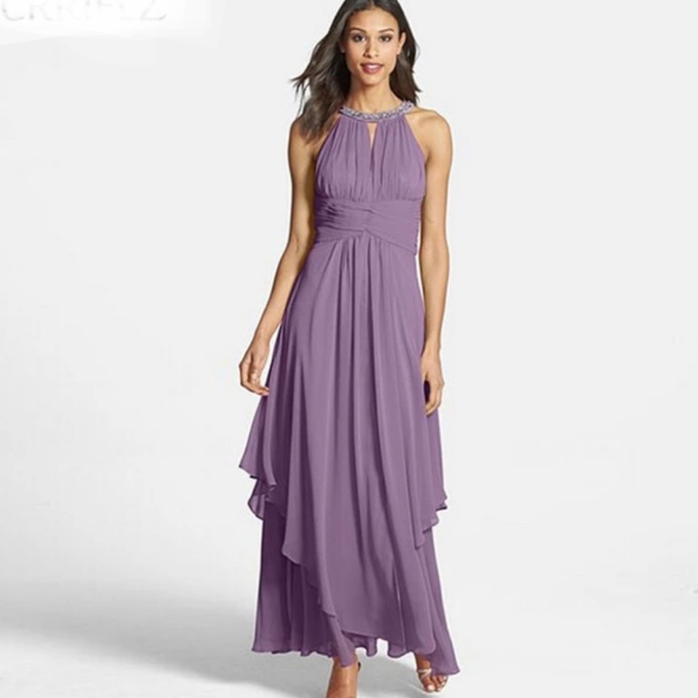 Eliza J Lavender Jeweled Neck Layered Gown
